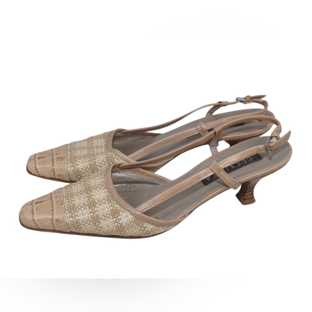 Prevata Vintage Pointed Toe Kitten Heel Woven and Leather Slingbacks, Size 8.5
